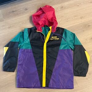 Vintage-Inspired Colorblock Windbreaker Jacket - Purple/Teal/Black/Red MTV